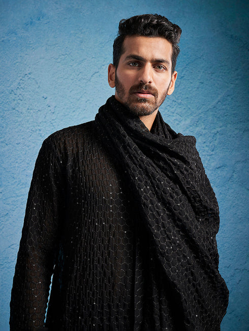 Men's Black Georgette Kurta, Pyjama & Dupatta Set
